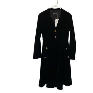 Feiinvan Black Velvet Button-Up Midi Dress with Gold Embellishments